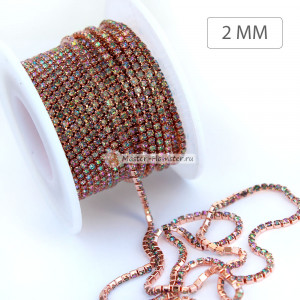 Стразовая цепь SS6 (2 мм) Gray Shimmer в  розовом золоте, 20 см