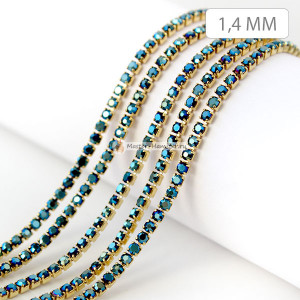 Стразовая цепь SS4 (1.4 мм) Blue Metal в золоте, 20 см