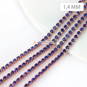 Стразовая цепь SS4 (1.4 мм) SAPPHIRE в розовом золото, 20 см