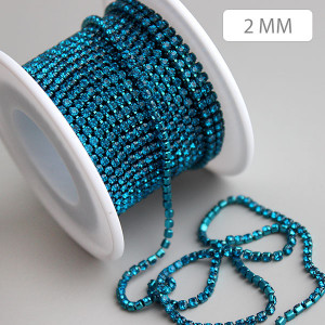 Стразовая цепь SS6 (2 мм) Blue Zircon, оправа в цвет камней, 20 см