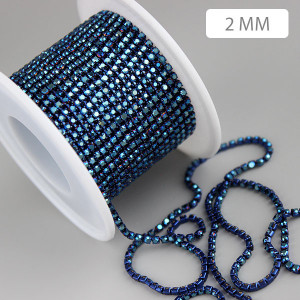 Стразовая цепь SS6 (2 мм) Blue Metal, оправа в цвет камней, 20 см